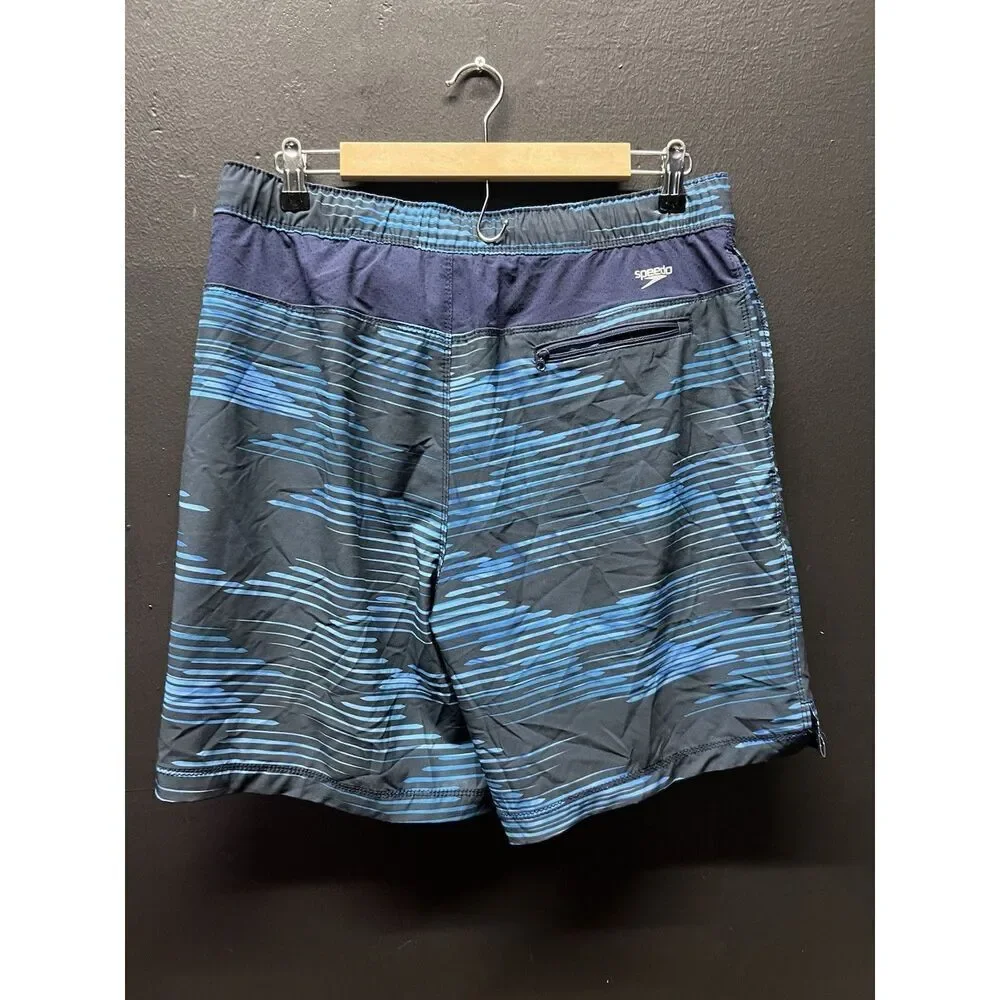 Speedo Men's Swim Trunks Shorts Sz L Blue Lined Pockets Beach Surf Bathing Suit